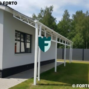 Металлический навес с односкатной крышей и нитроэмалевым окрасом белого цвета 3х10 м фото