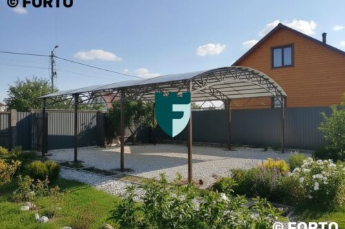 Навес из поликарбоната для дачи с восьмью столбами 6х8 м фото