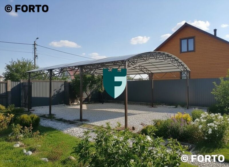 Навес из поликарбоната для дачи с восьмью столбами 6х8 м фото