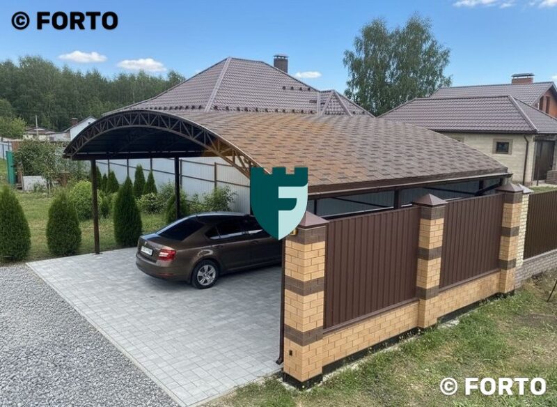 Стальной навес для загородного дома с мягкой кровлей 4х6 м фото